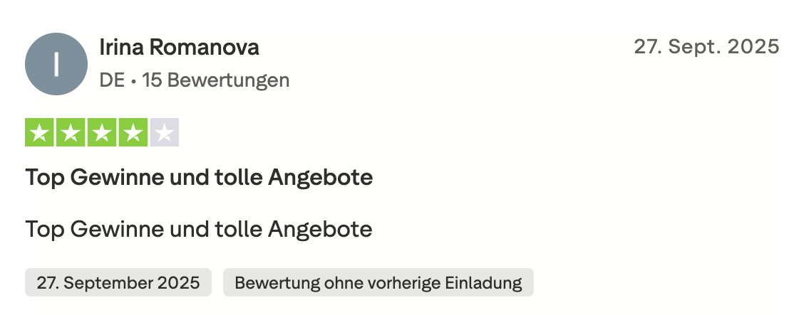 God of Coins Trustpilot Bewertung deutsche Spielerin September 2025