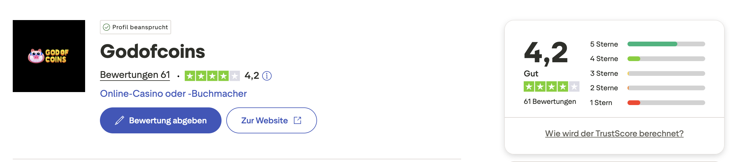 God of Coins Trustpilot Bewertungen Gesamtübersicht 2026